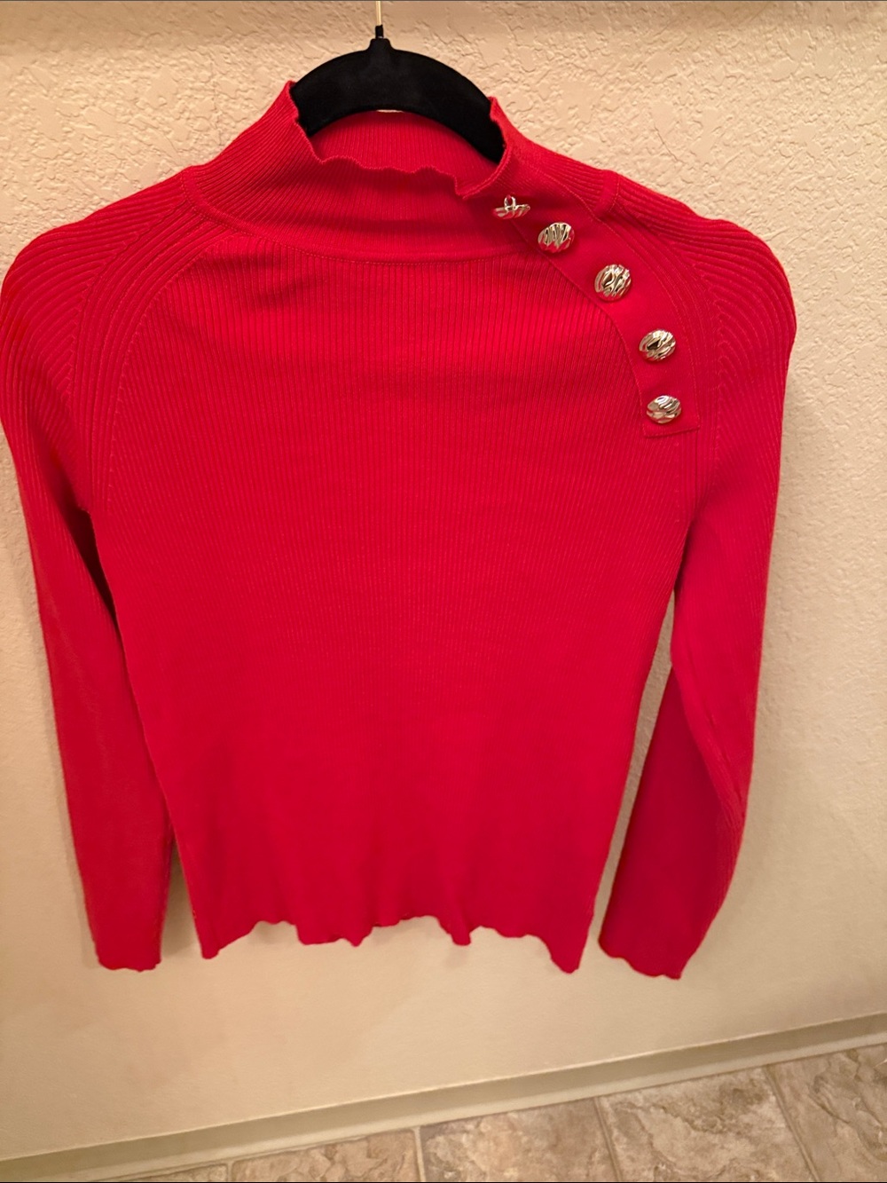 Anne Klein Bright Red Ribbed Mock Neck Sweater with Button Detail